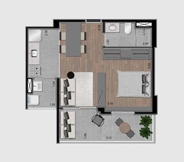 Perspectiva planta studio 45M2