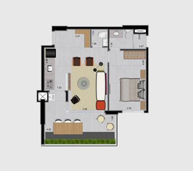 Perspectiva planta 1 dorm lavabo 52M2